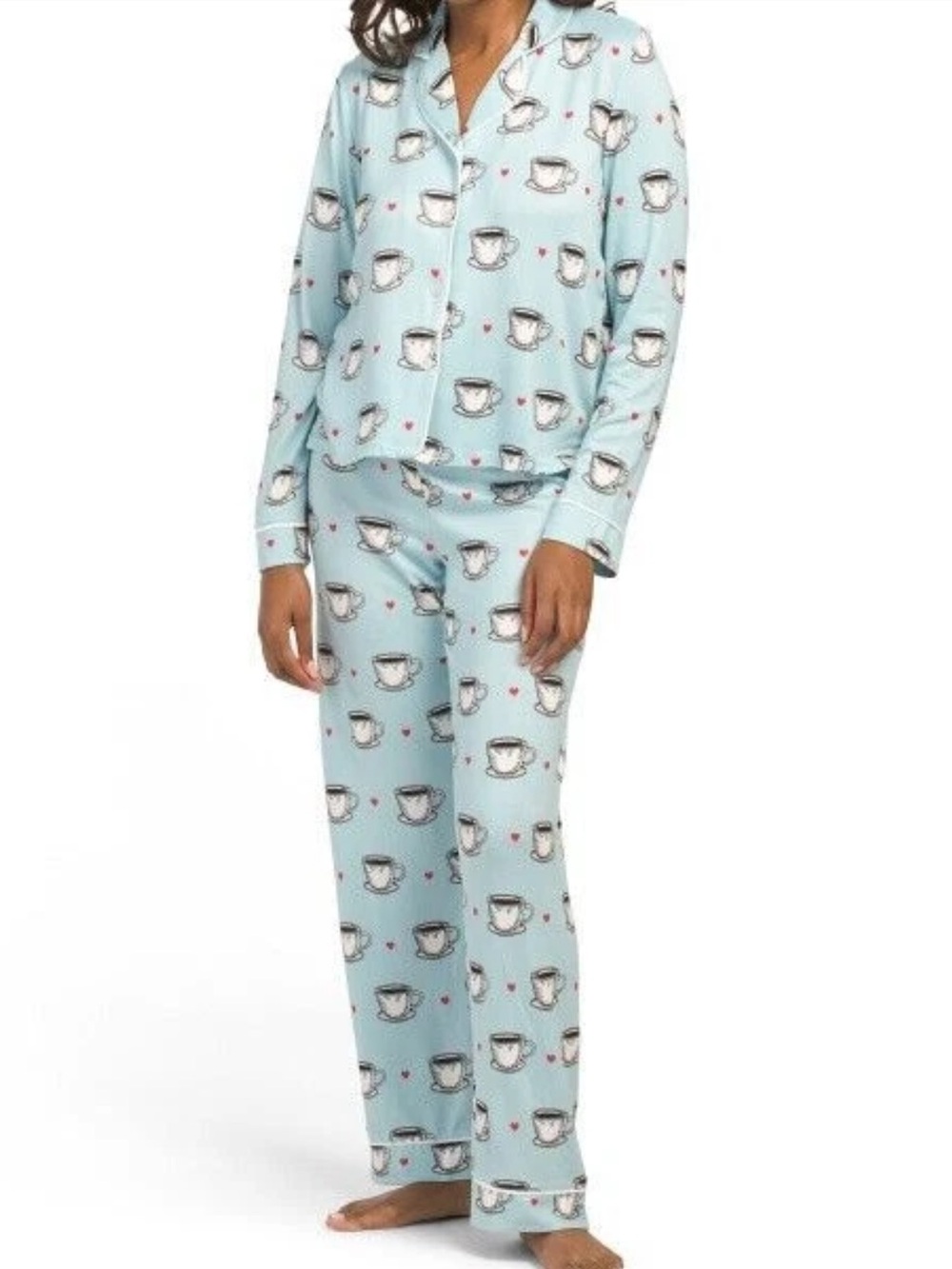 PJ Salvage Cup of Tea Coffee Two Piece Long Sleeve Pajama Set Large
